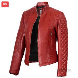 Real Lambskin Leather Jacket for Women, Zip Closure, Multiple Pockets